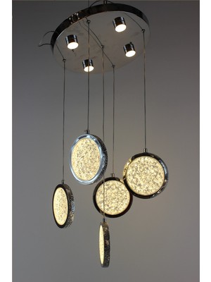 GN Gen Aydınlatma Görkemli Gümüş Kristal Işıltılı Halka Tasarım 5'li Çemberli Serisi Modern Avize