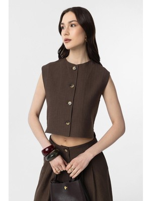 Antioch Kahve Keten Karışımlı Kadın Yelek