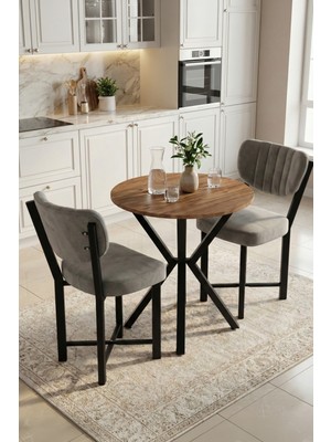 Gold Falez Mutfak Masası 70 Çap Yuvarlak Masa 2 Sandalyeli Modern Balkon Cafe Seti Elma 9844 Gri