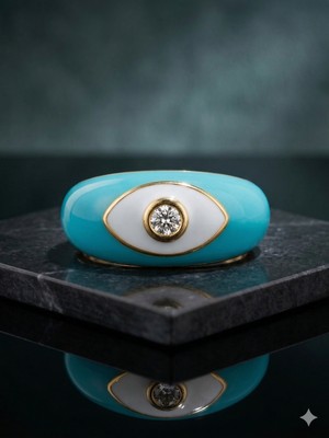Theory Jewelry Sparkle Blue  Eye Yüzük L Mavi Mine Kaplama L Ayarlanabilir L Taş Detaylı Nazar Göz Yüzük L Paslanmaz Çelik L Günlük Kullanım Kadın Yüzük