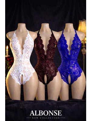 albonse Saks Beyaz Bordo Dantel Detaylı Sırtı Açık Fantezi Gecelik 3’lü Set