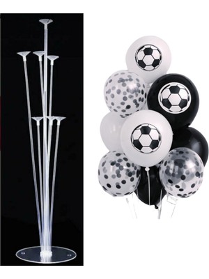 Patladı Gitti 7'li Balon Standı ve 10 Adet Futbol Temalı Siyah-Beyaz-Şeffaf Konfetili Balon Set