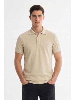 Sabri Özel Erkek Kum Dar Kesim Slim Fit %100 Pamuklu Dokuma Polo Yaka Tişört