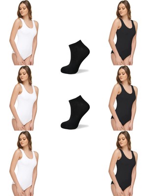 Tutku Elit 6'lı Modal Geniş Askılı Kancalı Pamuk Elastan Kadın Zıbın Body 2 Çift Bambu Çorap Hediyeli-Beyaz-Siyah-L