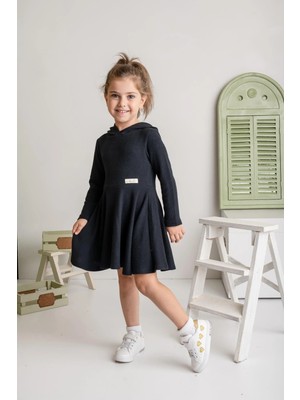 Lucky Baby Kids Kız Çocuk Kapşonlu Yumoş Elbise - Siyah