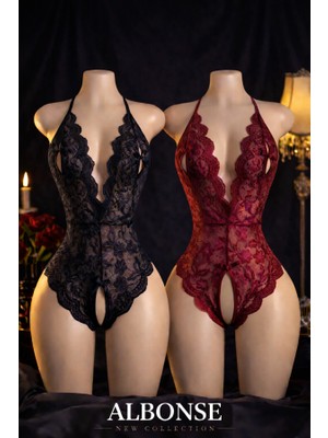 albonse Bordo Siyah Dantel Detaylı Sırtı Açık ve Özel Bölgesi Açık Fantezi Gecelik