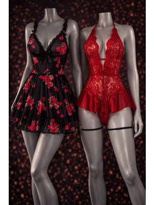albonse Kırmızı Dantel Fantazi Gecelik & Çiçek Desenli Tül Babydoll Set (Romantik Koleksiyon)