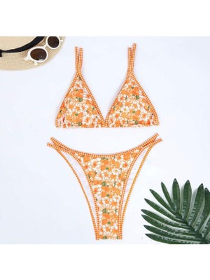 AGM Çiçek Desenli Kadın Bikini Takımı, Üçgen Tanga Bikini , Düşük Bel Tanga Külotlu Iki Parça Bayan Bikini