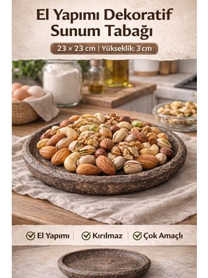 El Yapımı Kırılmaz Dekoratif Sunum Tabağı | Rustik Yuvarlak Meyvelik Çerezlik Servis Tabağı 23 cm