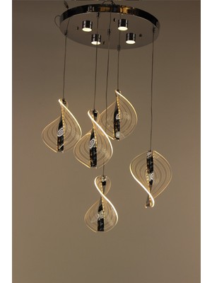 GN Gen Aydınlatma Gümüş Çemberli Serisi Geniş Dönence Çizgili Modern 5li Spiral LED Avize