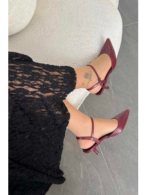Büşracan Luna Arkası Açık Tokalı Deri Topuklu Ayakkabı Bordo