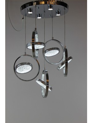 GN Gen Aydınlatma Lüks Krom Kaplama 5li Iç Içe Halka Figürlü Kristal Dokulu Modern Sarkıt