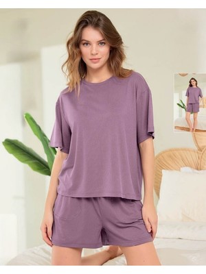 Aydoğan Kadın Basic Kısa Kollu Şortlu Fitilli Ribana Pijama Takımı Lyocell