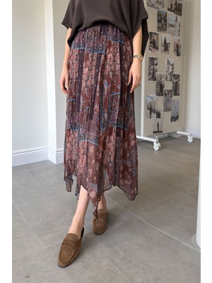 Magarde Şal Desenli Astarlı Şifon Etek- Vizon