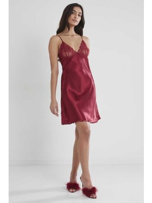 Pierre Cardin Bordo Saten Güpürlü Gecelik 624