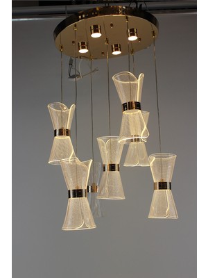 GN Gen Aydınlatma Lüks Gold Kuşaklı 7'lı Fiyonk Formlu Pleksi Camlı Modern Sarkıt Avize