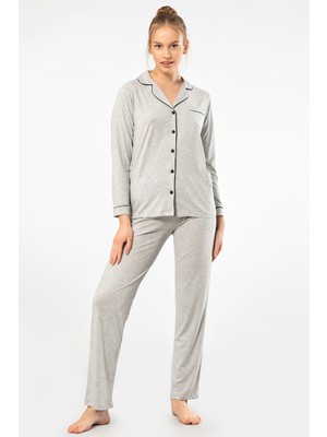 Türen Kadin Düz Uzun Kollu Gömlek Yaka Pijama Takimi 3365/GRI