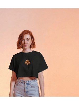 Muhtar Store Minimal Gülümseyen Toy Poodle Baskılı Beyaz Crop Tişört Kadın