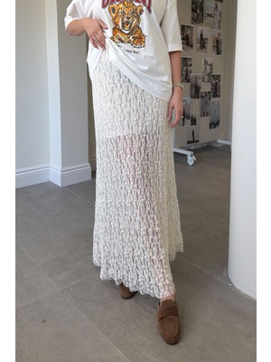 Magarde Beli Lastikli Dantel Detay Etek- Ekru
