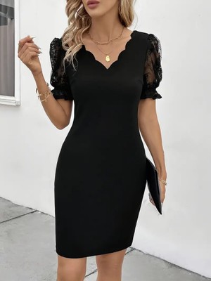 Ulak Hand Mader Ulak Handmader Kadın Kısa Kollu Dantelli V Yakalı Yanlardan Büzgülü Çapraz Detaylı Ithal Krep Elbise