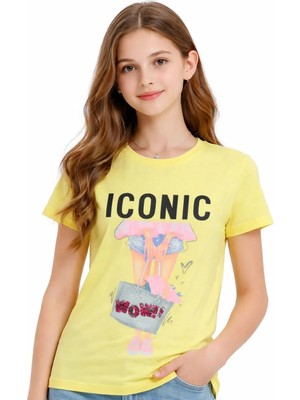 Alg Kız Çocuk Iconic Yazı Desenli Pullu Taşlı Sarı Renk Kısa Kol Tişört