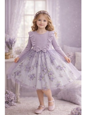 Lina Baby Bloomm Lila  Uzun Kollu Kız Bebek Elbise Tül Etekli Fiyonklu Şık Model
