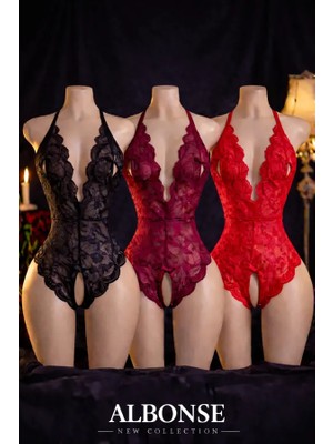 albonse Siyah Bordo Kırmızı Dantel Detaylı Sırtı Açık Fantezi Gecelik 3’lü Set