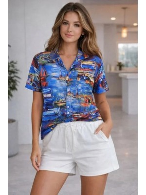 Uslucan Alışveriş Deniz Temalı Desenli Kısa Kol Gömlek Şort Takım Yazlık Rahat Kalıp - Desenli