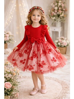 Lina Baby Bloomm Kırmızı Uzun Kollu Kız Bebek Elbise Tül Etekli Fiyonklu Şık Model