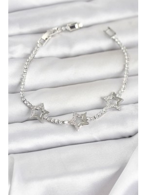 TKÇ Ietaks™ Pirinç Gümüş Renk Yıldız Model Zirkon Taşlı Su Yolu Kadın Bileklik