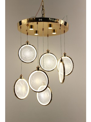 GN Gen Aydınlatma Lüks Gold 7li Işınsal Desenli 4 Kademeli Gece Modlu Modern Pleksi Çemberli Serisi Sarkıt Avize