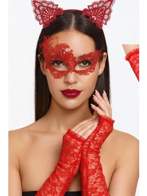 Zurafa Shop Lüks Kırmızı Dantel Maske ve Dantel Eldiven Seti - Masquerade Parti Kombini
