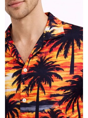 Civetta Erkek Gün Batımı Palmiye Desenli Kısa Kol Gömlek Hawaii Tarz Yazlık Rahat Kalıp - Desenli