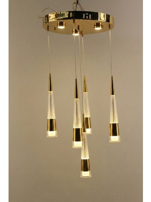 GN Gen Aydınlatma Lüks Gold Çemberli Seri 5li Konik Model Çizgisel Kristalize Modern 3 Renk LED Avize
