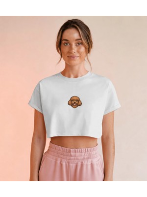 Muhtar Store Minimal Gülümseyen Toy Poodle Baskılı Beyaz Crop Tişört Kadın