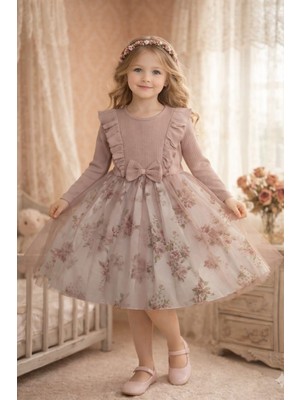 Lina Baby Bloomm Uzun Kollu Kız Bebek Elbise Tül Etekli Fiyonklu Şık Model