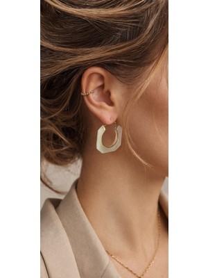 Mith Sb Takı 14K Altın Kaplama Vip Seri Mermer Görünümlü Köşeli Kare Krem Küpe-Nikel İçermez