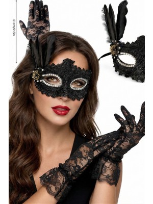 Zurafa Shop Lüks Siyah Venedik Maske ve Dantel Eldiven Seti - Masquerade Parti Kombini