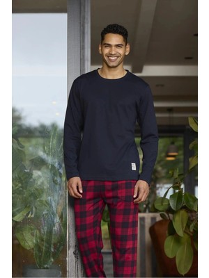 Kly 6028 Altı Ekoseli Pamuklu Uzun Kollu  Erkek Pijama Takımı