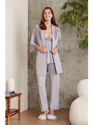 Pierre Cardin 2820 Kadın Royal Dantelli Penye 3'lü Sabahlıklı Pijama Takım