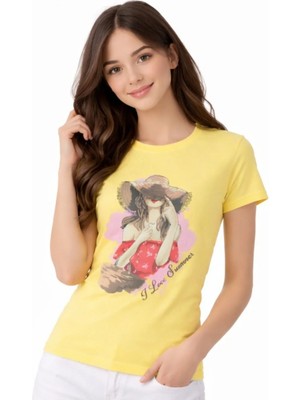 Almi Kız Çocuk Summer Yazı Kız Desenli Sarı Renk Kısa Kol Tişört