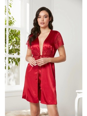 Pierre Cardin Saten Dantelli Midi Sabahlık 1020 Kırmızı