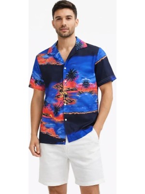 Civetta Erkek Tropikal Ada Manzara Desenli Kısa Kol Gömlek Hawaii Tarz Yazlık Rahat Kalıp - Desenli