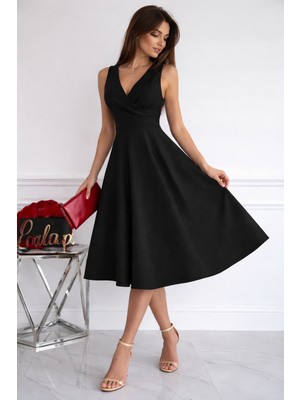 Stilvibe Kadın V Yaka Zara Krep Kumaş Midi Boy A Kesim Şık Elbise