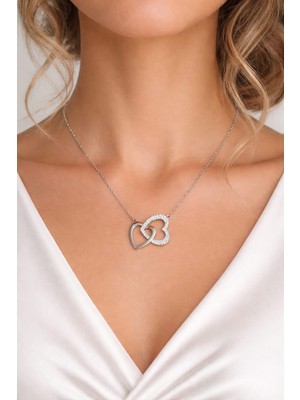 Mith Sb Takı 14K Altın Kaplama Vip Seri Zirkon Taşlı Iç Içe Geçme Kalp Küpe - Gümüş Renk