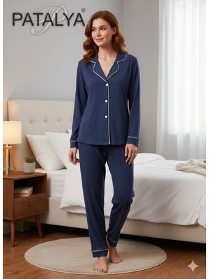 Ceyyiz Patalya Lacivert Penye Kadın Pijama Takımı
