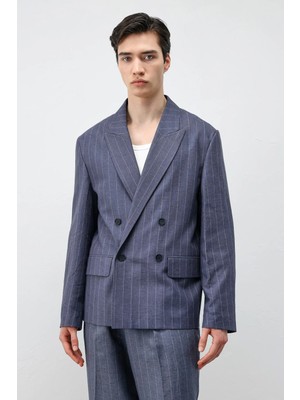 Antioch Lacivert Keten Karışımlı Çizgili Erkek Blazer Ceket