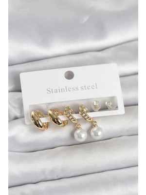 TKÇ Ietaks™ 316L Çelik Gold Renk Inci Halka Detaylı Kadın Küpe Seti