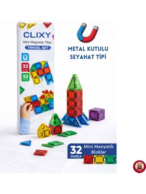 Giffy Manyetik Yapı Blokları - 32 Parça Seyahat Tipi Mini Bloklar Metal Saklama Kutulu Çanta Boy Renkli
