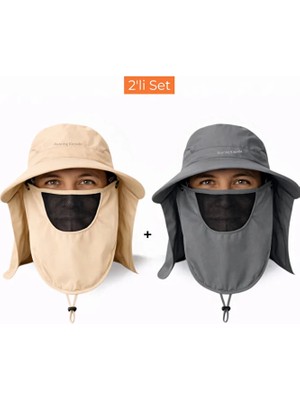 Mustran 2'li Set Uv Korumalı Sök Tak Maskeli Unisex Enseli Güneş Şapkası Outdoor Kamp Balıkçı Tarla